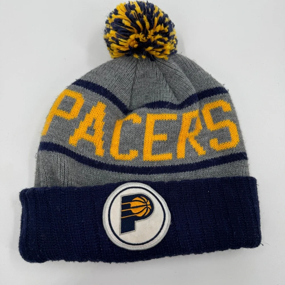 Mitchell Ness NBA Indiana‎ Pacers Knit Beanie Hat Pom Pom Gray Navy Yellow